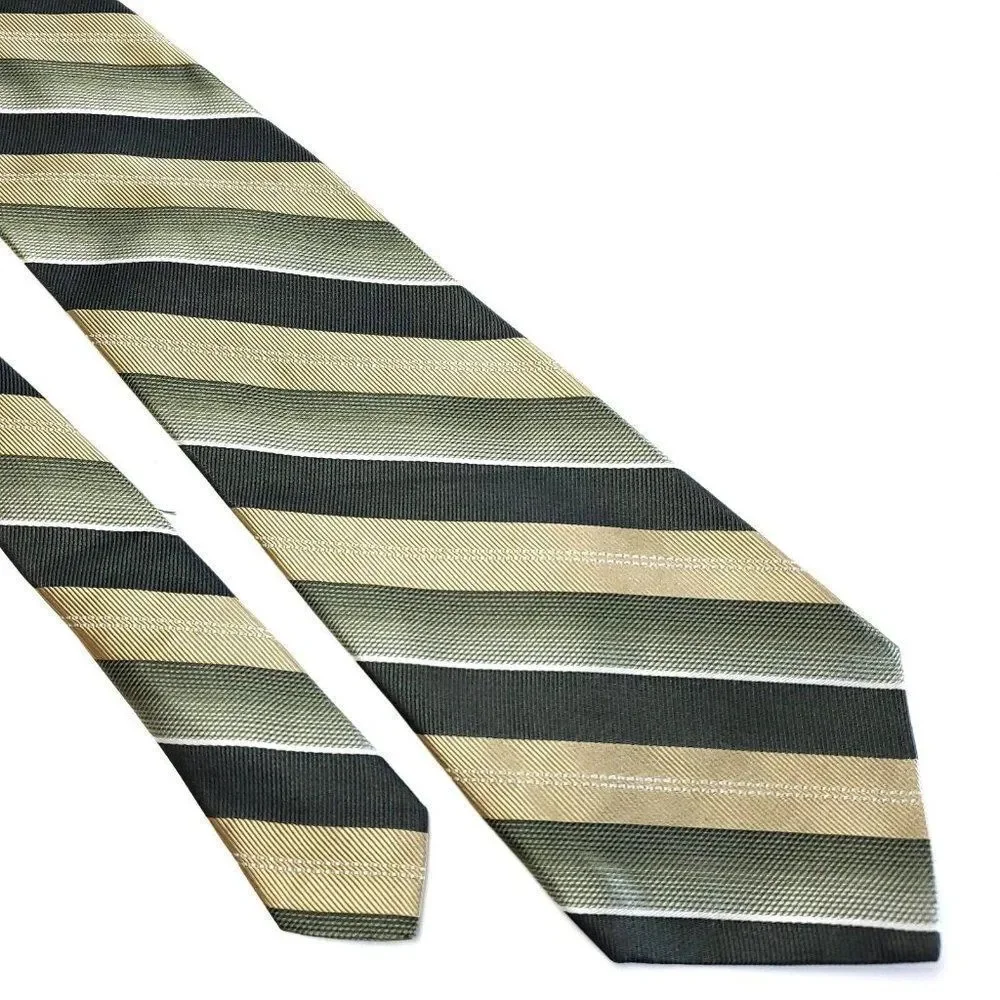Murano Woven Green Tan Striped Long Silk Tie‎